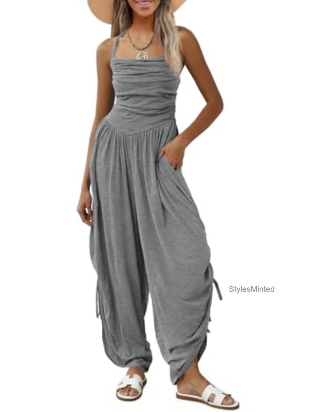 Womens Halter Wide Leg Jumpsuit Sleeveless Ruched Romper